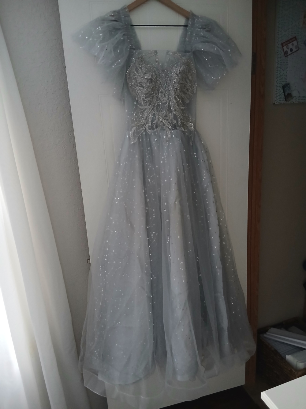 Silver Sparkle Tulle Gown with Puff Sleeves
